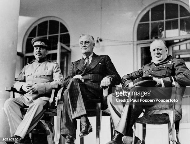 World War II, The Tehran Conference, pic: November / December 1943, The "Big Three" L-R: Russia's Joseph Stalin, U,S,A, President Franklin Roosevelt...