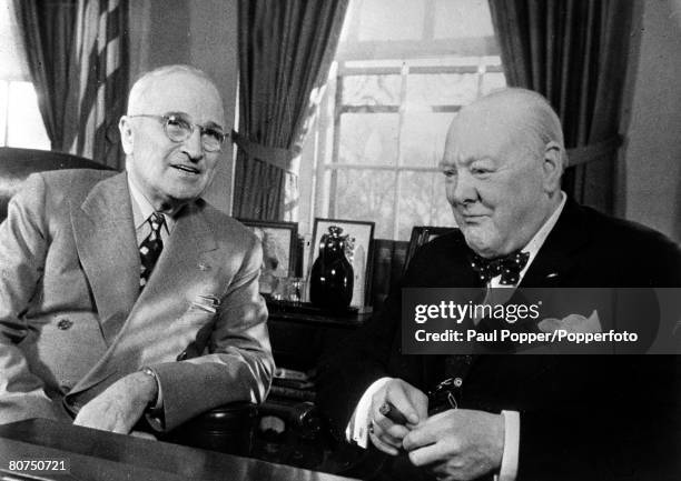 November 1953, USA, British Prime Minister Winston Churchill with U,S,President Harry Truman in the White House, Washington in a last conference...