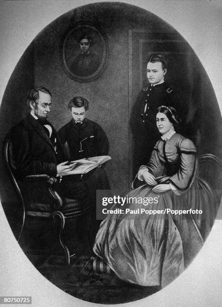 American Politics, Illustration, pic: circa 1860, This illustration shows Abraham Lincoln, one of the famous U,S, Presidents with his wife and two of...