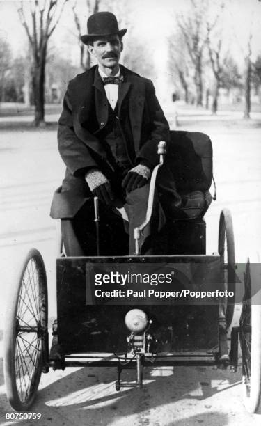 Mr Henry Ford in his first car, the famed 'Quadricycle,' made in 1896, powered by a two-cylinder, four-stroke engine