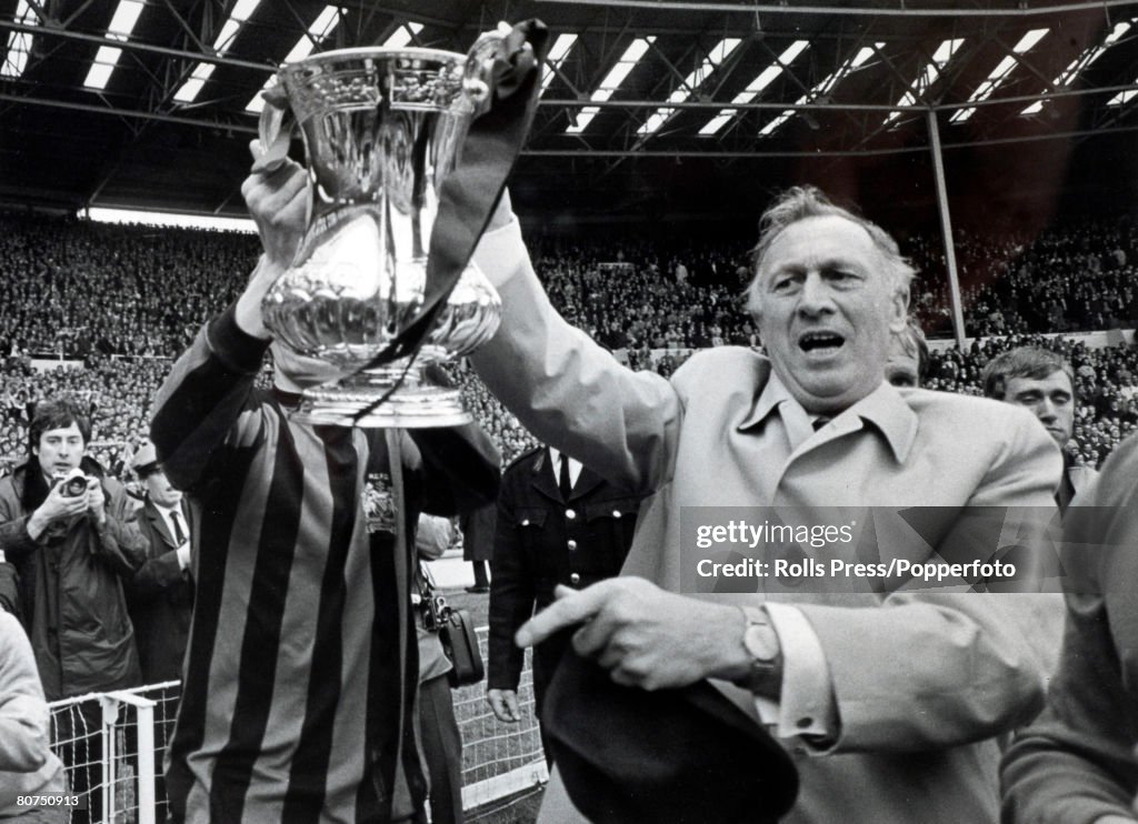 Sport Football. pic: 26th April 1969. FA. Cup Final at Wembley. Manchester City 1 v Leicester City 0. Manchester City Manager Joe Mercer celebrating with the FA. Cup
