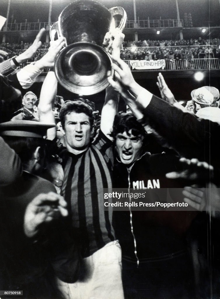 Sport Football. pic: 29th May 1969. European Cup Final in Madrid. AC. Milan 4 v Ajax Amsterdam 1. AC.Milan celebrations at the end of the game with captain Angelo Sormani holding the Cup.