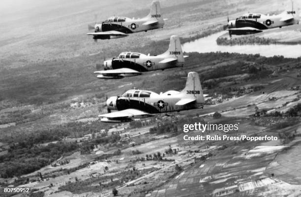 War and Conflict, Aviation, Military, pic: June 1965, The Vietnam War, Douglas A-1E "Skyraider" aircraft of the United States Air Force 34th Tactical...