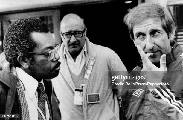 June 1978, Cordoba, Argentina, Scotland Manager Ally MacLeod looking worried as he is interviewed by TV, reporter Trevor McDonald during a World Cup...