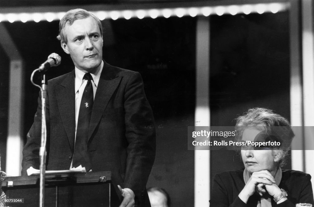 Politics Personalities. pic: October 1975.Blackpool. Anthony Wedgwood-Benn , (Tony Benn) born 1925 Secretary of State for Energy, speaking at the Labour Party Conference, alongside Judith Hart MP.