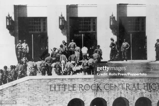 People, Education, Race, USA, Little Rock, Arkansas, pic: September 1957, The entrance to Central High School, Little Rock, shows black students...