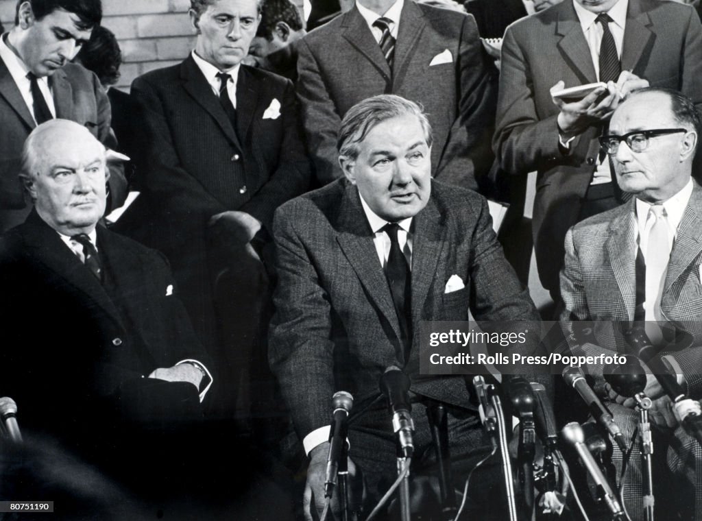 Politics Belfast, Northern Ireland. August 1969. British Home Secretary James Callaghan gives a press conference upon his arrival at Aldergrove airport. With him are Lord Grey, Governor of Northern Ireland (left) and Lord Stonham, Minister of State at th