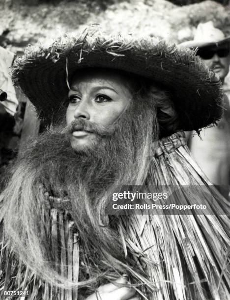 Cinema Personalities, pic: 18th September 1965, French film actress Brigitte Bardot, , pictured disguised in beard and whiskers for a scene in the...