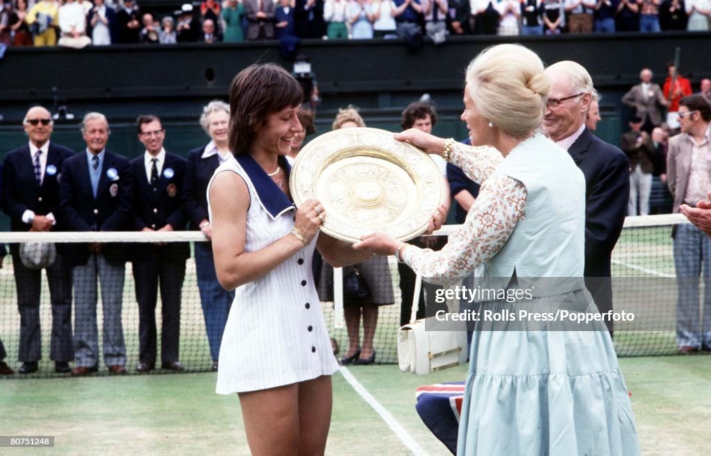 7th July 1978 Wimbledon Ladies Tennis Final. Martina Navratilova receives the trophy from the Duchess of Kent after her win.