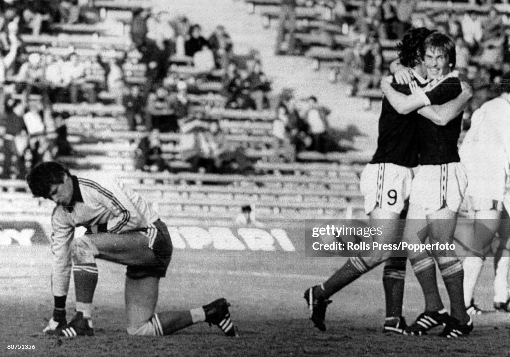 Sport Football. pic: 11th June 1978. 1978 World Cup Finals in Argentina. Scotland 3 v Holland 2. in Mendoza. Scotland's Kenny Dalglish, right, scorer of their 1st goal is hugged by Joe Jordan, Dutch goalkeeper Jan Jonbloed is on his knees.