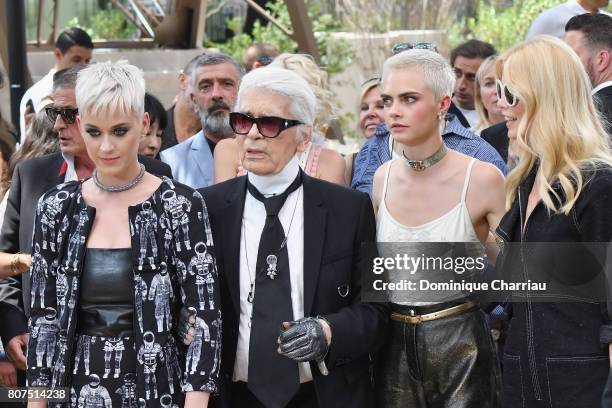 Katy Perry, Fashion designer Karl Lagerfeld, Cara Delevingne and Claudia Schiffer attend the Chanel Haute Couture Fall/Winter 2017-2018 show as part...