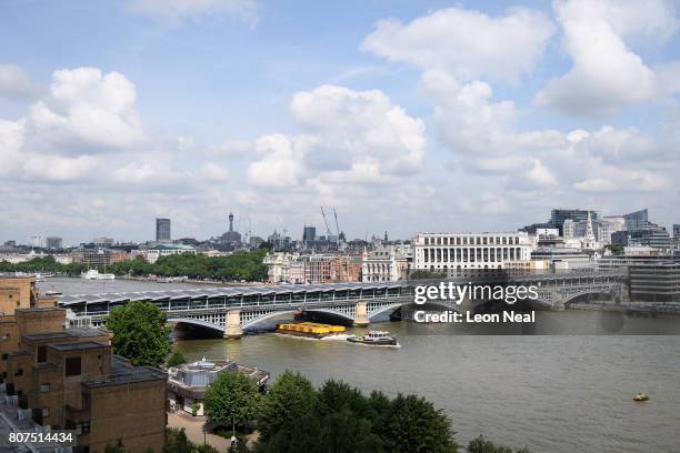 General view of Blackfriars Bridge, currently the world's largest solar-powered bridge, is seen from the south bank of the River Thames on July 4,...