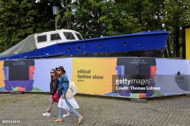 General view of the entrance of the Greenshowroom trade show during the Mercedes-Benz Fashion Week Berlin Spring/Summer 2018 at Funkhaus Berlin on...