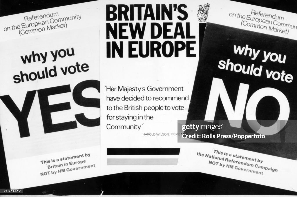 Politics 1st May 1975. London. Government documents about to be published for the British Common Market Referendum vote on 5th June 1975.