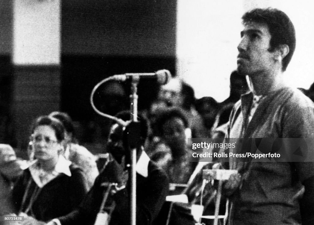 War and Conflict Angola. pic: June 1976. Luanda. Costas Georgiou (Colonel Tony Callan) at the show trial where 13 mercenaries, 10 of them British were being tried.