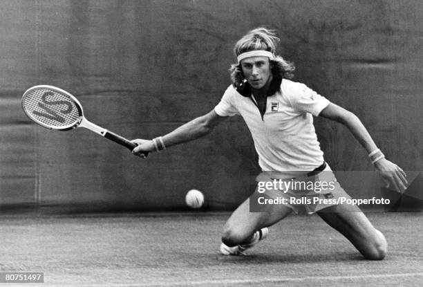 Swedish tennis player Bjorn Borg pictured in action during competition to reach the quarterfinals of the Men's Singles tournament at the Wimbledon...