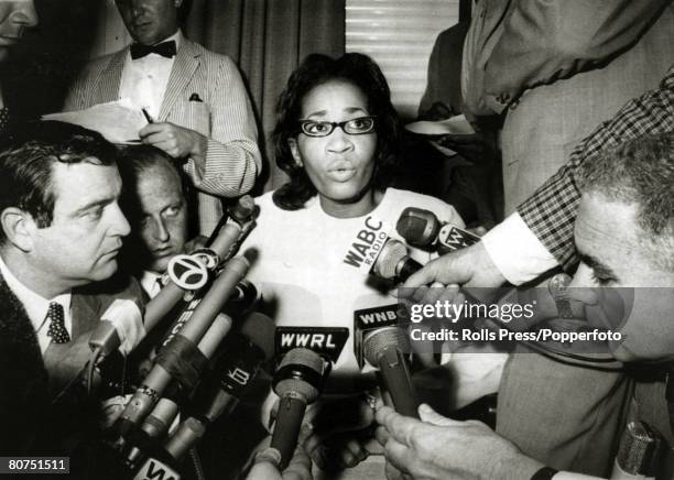 June 1966, New York, Mary June Wiggins holds a press conference after her civil rights activist husband had been shot, James Meredith was the first...