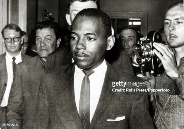 October 1962, Oxford, Mississippi, Black student James Meredith leaves the registrar's office after enrolling, James Meredith was the first black...