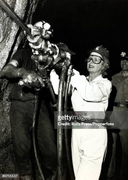 Politics, Personalities, pic: 1976, Conservative Party leader Margaret Thatcher handles a silver mine drill at the Broken Hill mine, west of Sydney,...