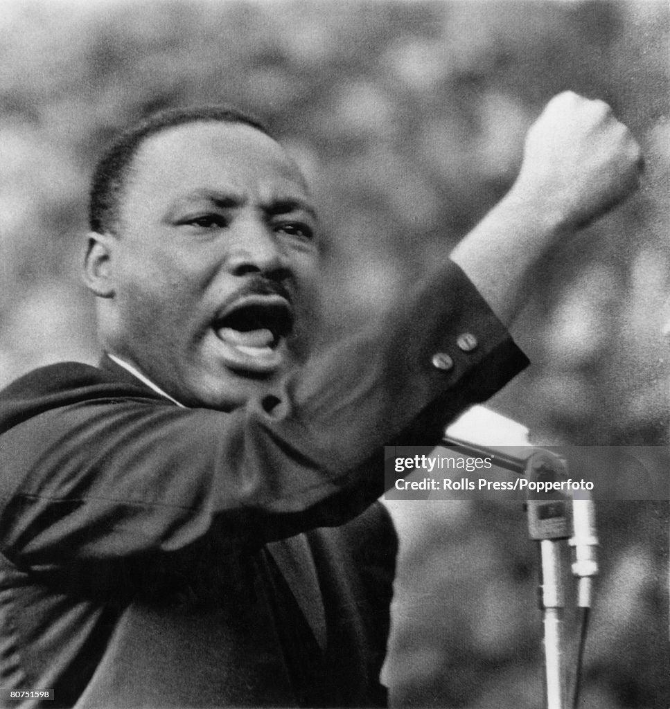 Personalities Civil Rights. USA. pic: 1965. Philadelphia. Black Civil Rights leader Martin Luther King showing his call for justice outside the "all white" Girard College.