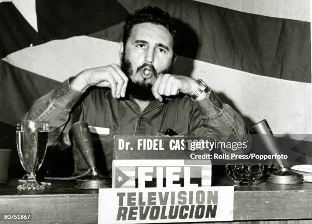 Leader Fidel Castro delivers a vehement speech attacking the US in a Havana TV,studio, Fidel Castro, born 1926/27, Cuban revolutionary and political...