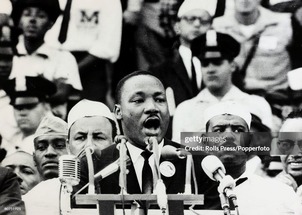 Civil Rights, USA Personalities. pic: 28th August 1963. Black American Civil Rights leader the Rev. Martin Luther King delivers his famous "I Have A Dream" speech at the Lincoln Memorial in Washington. Martin Luther King (1929-1968) led the fight for equ