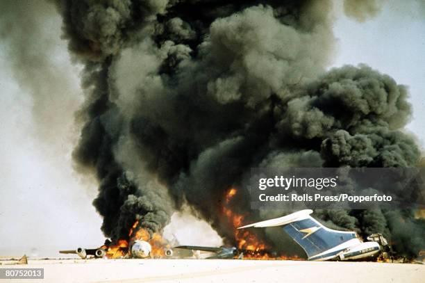 War and Conflict, Terrorism, pic: 12th September 1970, Dawson's Field, Jordan, The three highjacked jet airliners hijacked by Palestinian militants...