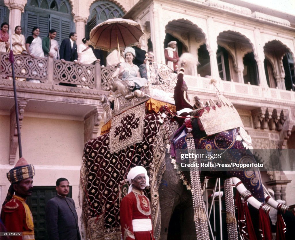 Royal Tour of India 1961. Queen Elizabeth II is pictured riding an elephant during her visit.