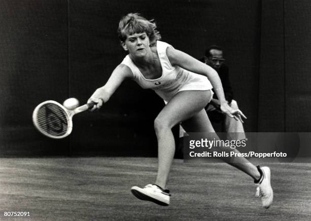 29th June 1977, 1977 Wimbledon Lawn Tennis Championships, Great Britain's Sue Barker in action in the Ladies Semi-Final which she lost to Holland's...