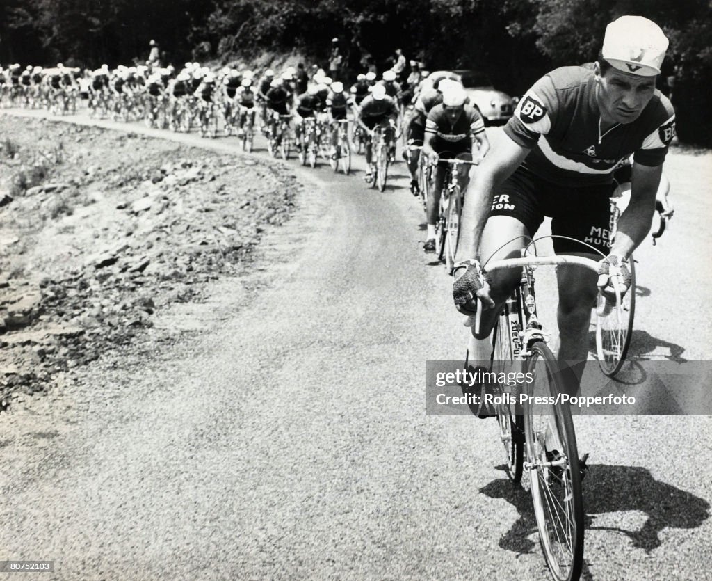Sport Cycling. Tour de France. pic: 9th July 1968. French racer Raymond Poulidor pictured leading the pack near Pau, south western France.