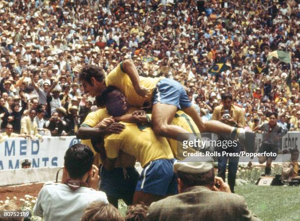 World Cup Final 1970, Mexico City, Mexico, 21st June Brazil 4 v Italy 1, Members of the Brazilian team in a frenzied huddle after scoring one of...