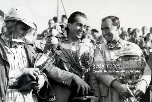 Sport, Motor Racing, pic: 19th July 1953, British Grand Prix Meeting, Silverstone, England, Italian driver Giuseppe "Nino" Farina after winning the...