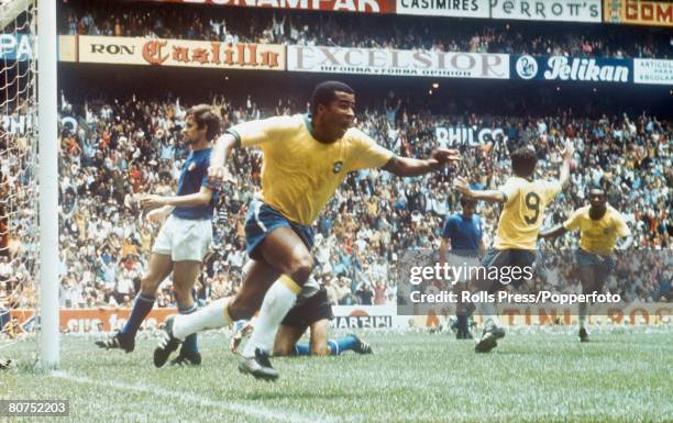 World Cup Final, Azteca Stadium, Mexico, 21st June 1970, Brazil 4 v Italy 1, Brazil's Jairzinho celebrates after walking the ball into the net for...