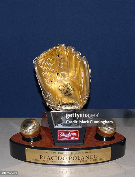 Detail view of Placido Polanco of the Detroit Tigers 2007 Rawlings Gold Glove Award before the game against the Chicago White Sox at Comerica Park in...