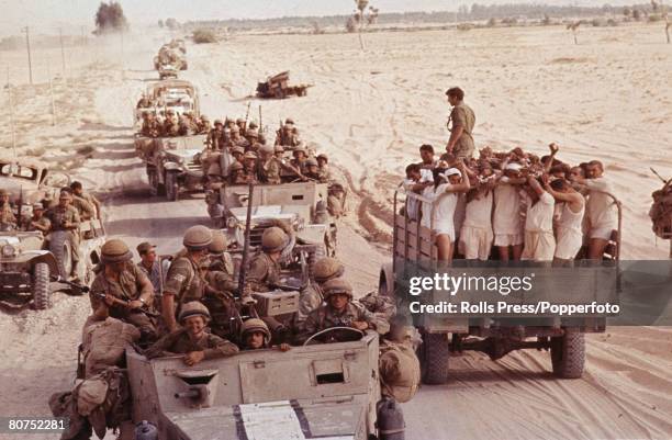 Middle East, 8th June 1967, Six Day War, Sinai Desert, Captured Egyptian soldiers are transported in an open top truck to a prisoner of war camp as...