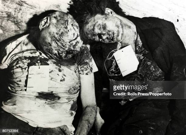 World War II, Dictators, Milan, pic: April 1945, The dead battered body of Italian Fascist leader Benito Mussolini, alongside his mistress Clara...
