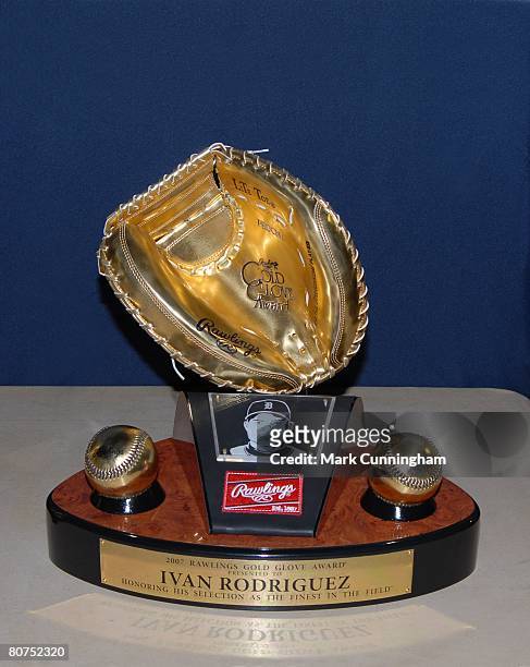 Detail view of Ivan Rodriguez of the Detroit Tigers 2007 Rawlings Gold Glove Award before the game against the Chicago White Sox at Comerica Park in...