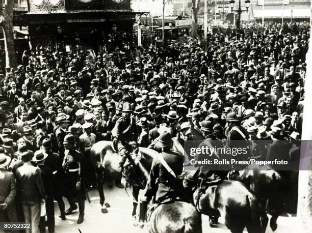 War and Conflict, Spain, Unrest, pic: 17th April 1931, Mounted police and colleagues on foot in the streets of Barcelona to maintain order after the...