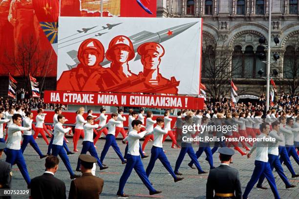 Moscow, Soviet Union, May 1969, A general view showing May Day marches in Red Square during the annual parade