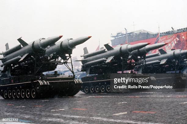 Moscow, Soviet Union, November 1971, Tanks carrying missiles on display during the annual November parade in Red Square