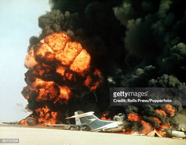 Jordan, Middle East, September 1970, Three hijacked airliners are blown up by Arab guerillas belonging to the Popular Front for the Liberation of...