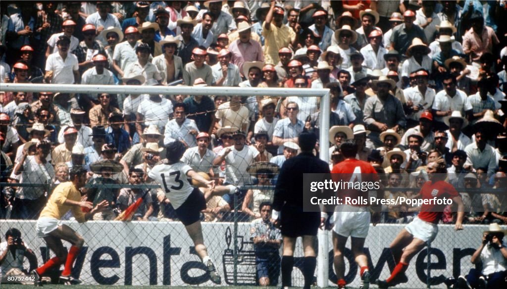 World Cup Quarter-Final, 1970 Leon, Mexico. England 2 v West Germany 3. 14th June, 1970. West Germany's Gerd Muller scores the winning goal past England goalkeeper Peter Bonetti in extra time to complete an historic comeback fom 2-0 down.