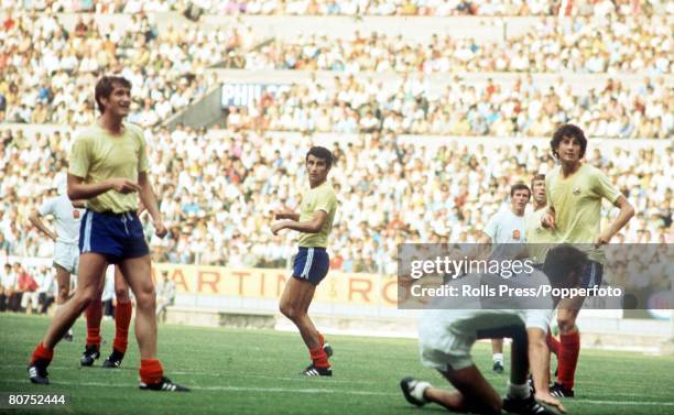 World Cup Finals, Guadalajara, Mexico, 6th June Romania 2 v Czechoslovakia 1, Czechoslovakia's Andrej Kvasnak surrounded by Romaian defenders Neagu...