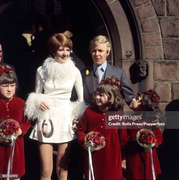 6th MARCH 1969, Liverpool, England, Cilla Black pictured with her husband Bobby Willis at the entrance of the Parish church of St, Mary's in Woolton,...