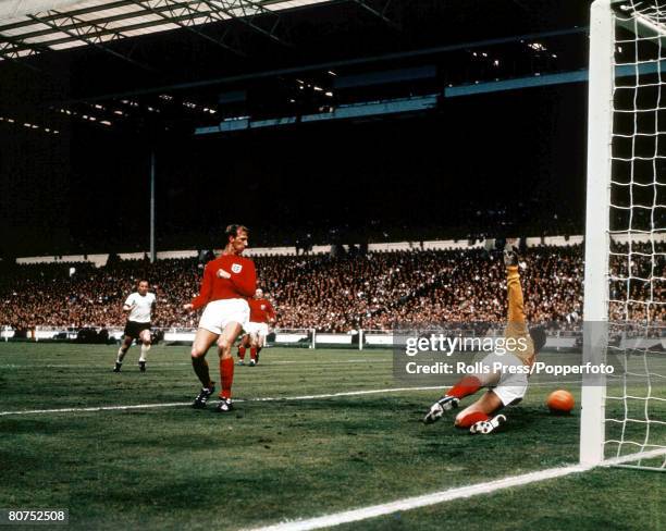 World Cup Final at Wembley Stadium, England, 30th July England 4 v West Germany 2, England goalkeeper Gordon Banks dives in vain to try and stop West...