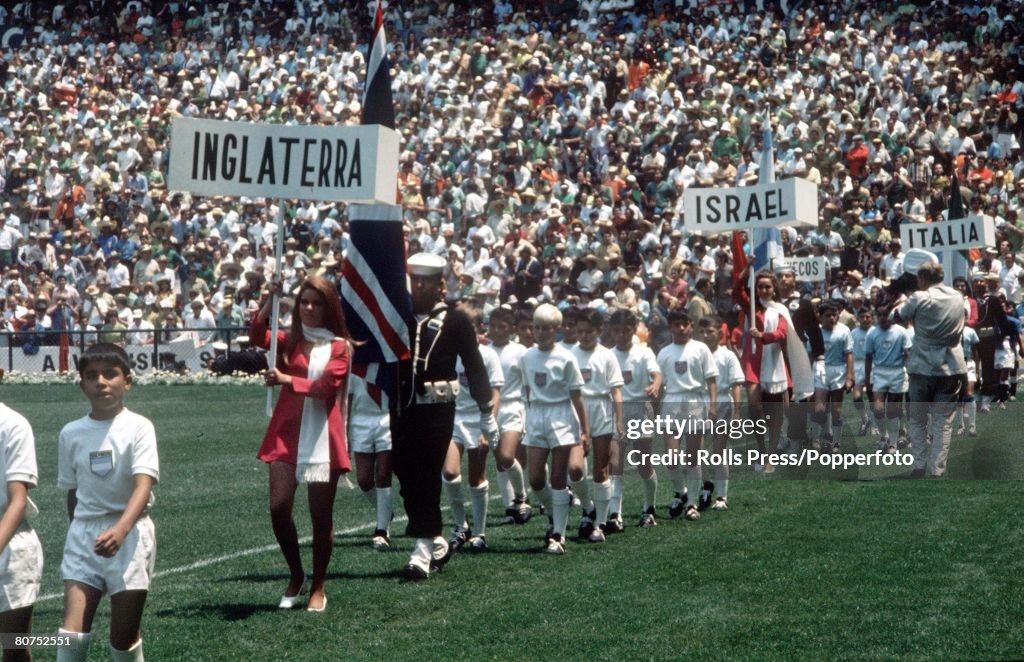 1970 World Cup Finals, Mexico City, Mexico 31st May, 1970. Opening Ceremony. Young children parade their country's names in the Azteca Stadium during opening ceremonies for the 1970 tournament. The opening game between Mexico and Soviet Union ended in a