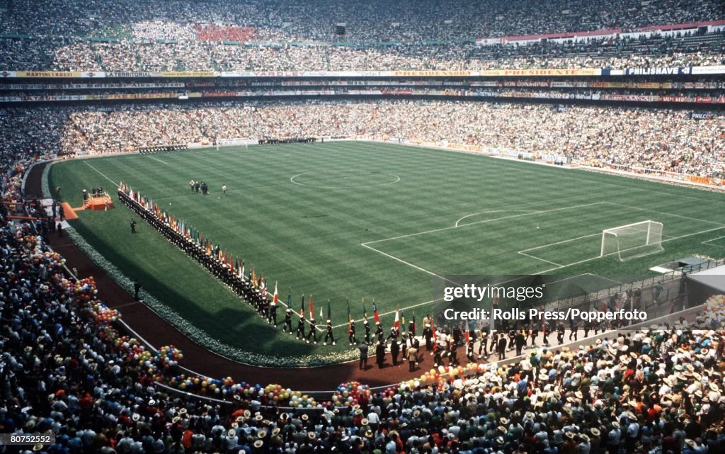 1970 World Cup Finals, Mexico City, Mexico 31st May, 1970. Opening Ceremony. A general view of the Azteca Stadium during opening ceremonies. The opening game between Mexico and Soviet Union ended in a goalless draw.