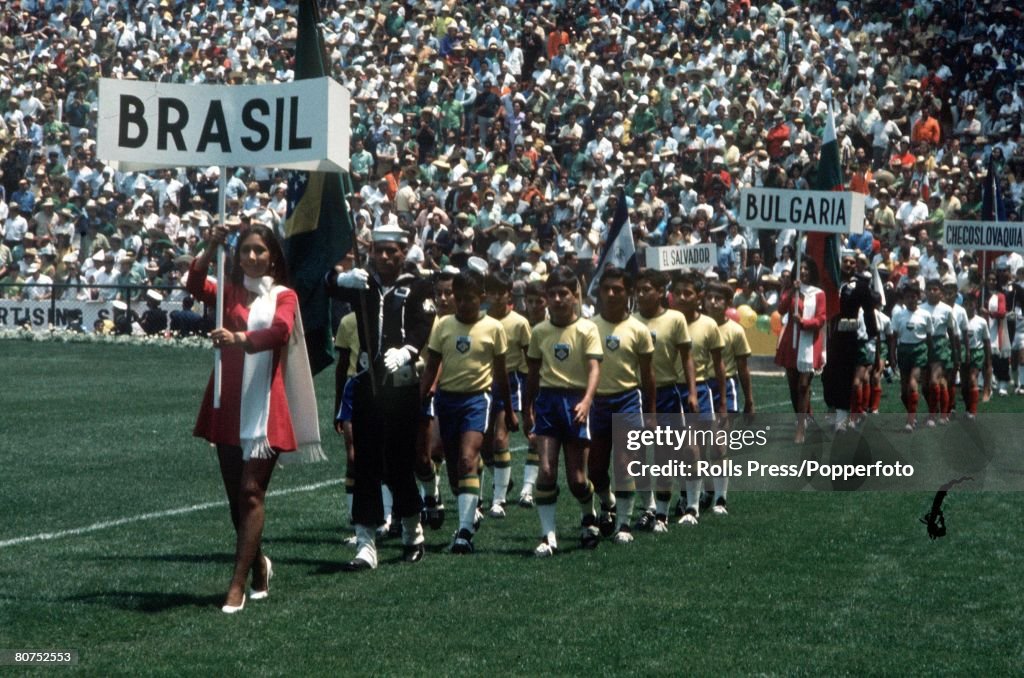 1970 World Cup Finals, Mexico City, Mexico 31st May, 1970. Opening Ceremony. Young Brazilian children parade their country's names in the Azteca Stdium during opening ceremonies for the 1970 tournament. The opening game between Mexico and Soviet Union en