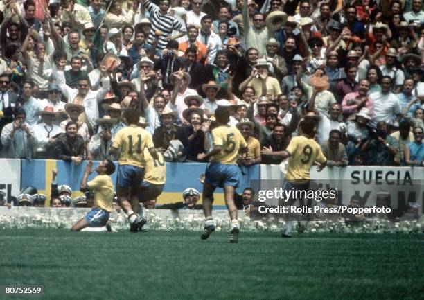 World Cup Final, Mexico City, Mexico, 21st June Brazil 4 v Italy 1, Brazil's Jairzinho celebrates scoring his country's third goal with teammates...