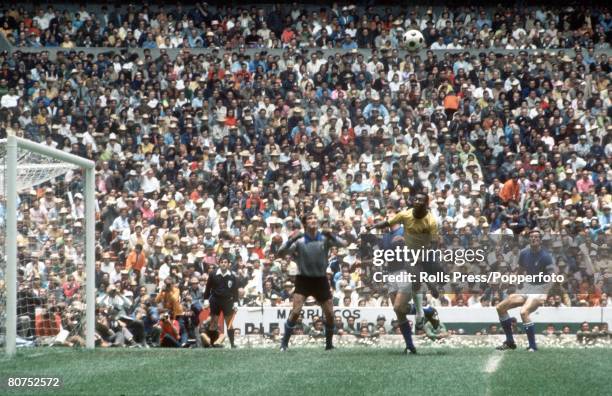 World Cup Final, Mexico City, Mexico, 21st June Brazil 4 v Italy 1, Brazil's Pele jumps in the air for a high ball as Italian goalkeeper Enrico...